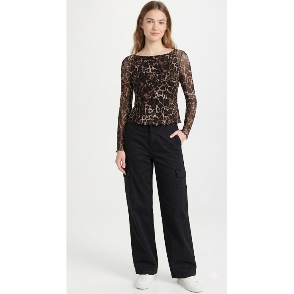 Tash + Sophie Mesh Top Small Brown Leopard Animal Print Lettuce Trim Long Sleeve